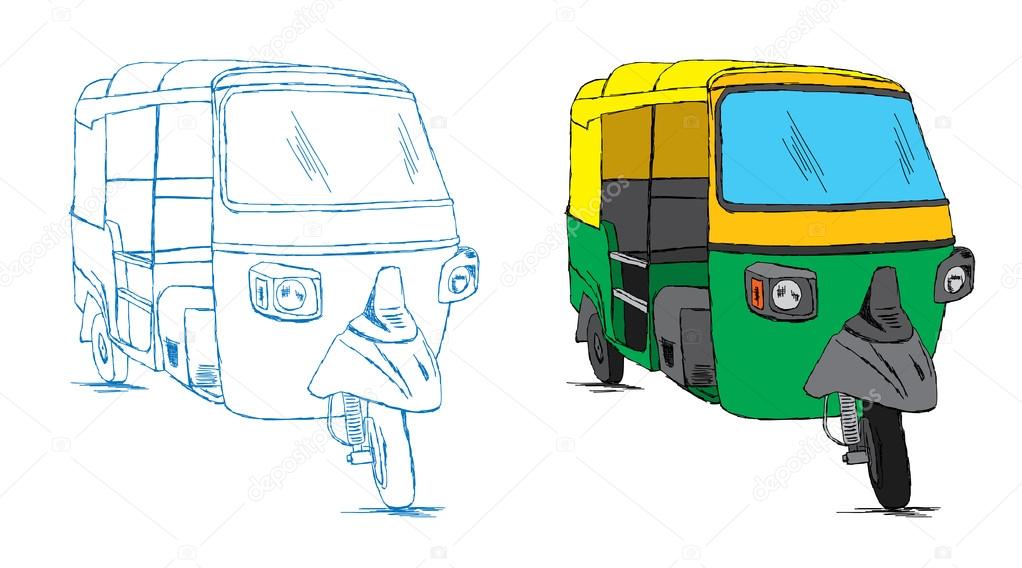 Indian Auto Rickshaw Sketch - Vector Doodle Illustration