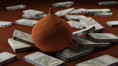 Çömlek Para Bankası Tasarruf Konsepti ile birlikte Hint Rupisi 500 Para Birikim Notları - 3D Görüntü