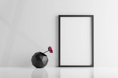 Beyaz Arkaplanda Çiçek Vazosu ile Fotoğraf Çerçeve Model - 3D Görüntü