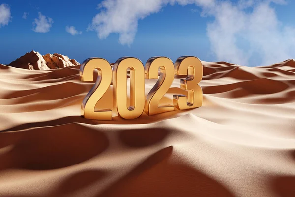 2023 Golden Metal Text Desert Illustration Render — Stock Photo, Image