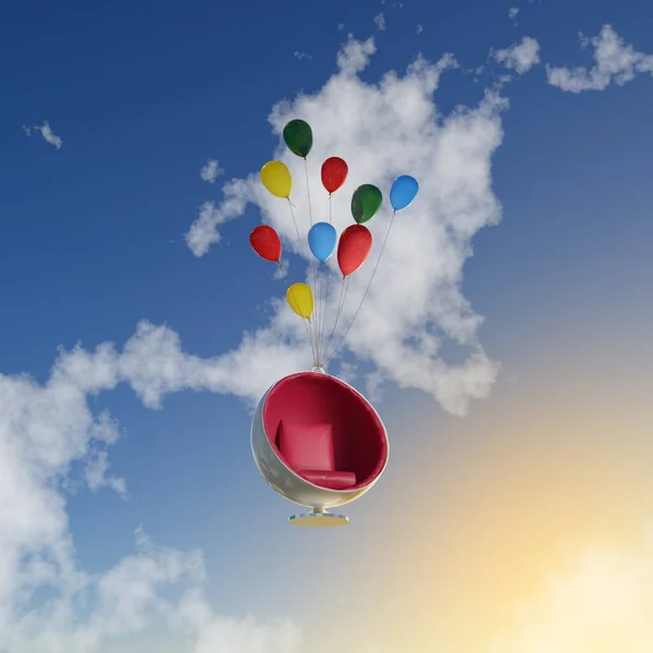 Ball Chair Flying In the Air with Balloons - 3D Illustration Render