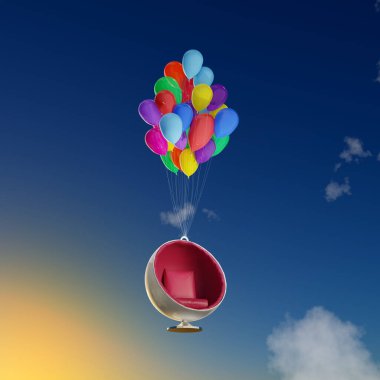 Helyum Balonlarıyla Havada Uçan Top Sandalyesi - 3D Görüntü