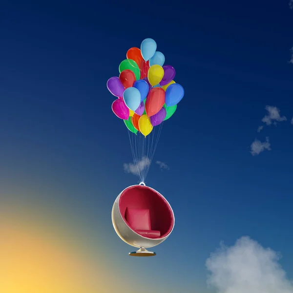 Ball Chair Flying In the Air with Helium Balloons - 3D Illustration Render