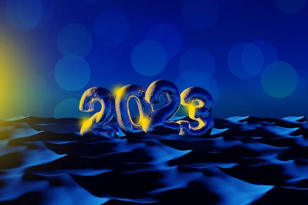 2023 Happy New Year Foil Balloon Blue Desert Sand Illustration — Stock Photo, Image