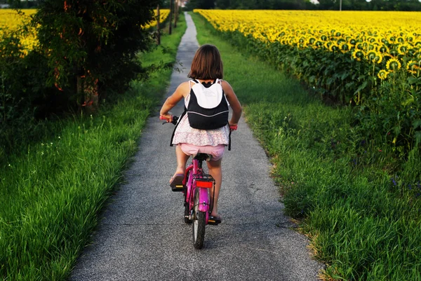 Young girl outdoors on bicycles — Stock Photo, Image