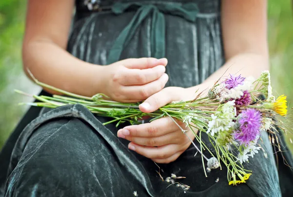 Çocuk el ile kır çiçekleri — Stok fotoğraf