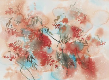 Böğürtlenli Rowan ağaç dalları suluboya arka plan