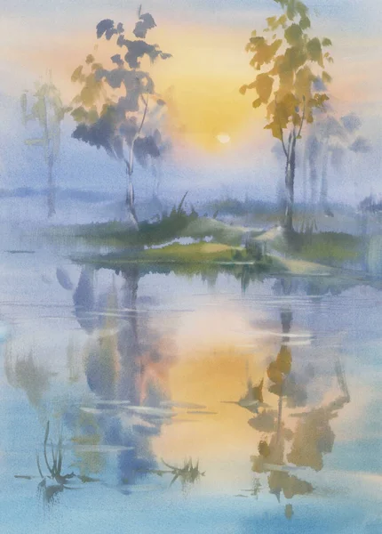 Brume du matin au bord du lac en automne fond aquarelle — Photo