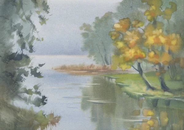 Névoa da manhã pelo lago no outono fundo aquarela — Fotografia de Stock
