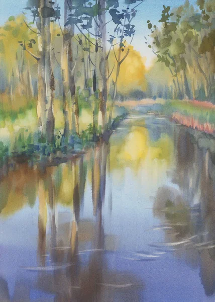 Manhã Sol pelo rio no outono fundo aquarela — Fotografia de Stock