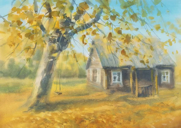 Golden autumn in a village watercolor background — Stock Photo, Image