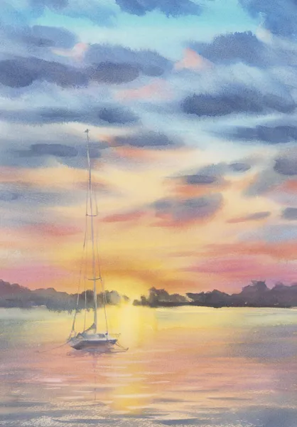 Brume du soir au bord du lac avec nuages et fond aquarelle bateau — Photo