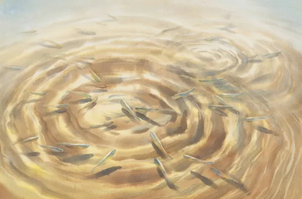 Sunny víz hullámok és hal akvarell háttér — Stock Fotó
