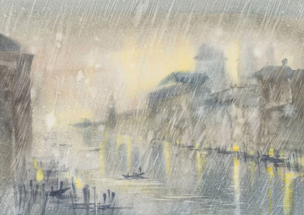 Μεγάλο κανάλι στη Βενετία στη βροχή υδατογραφία φόντο — Φωτογραφία Αρχείου