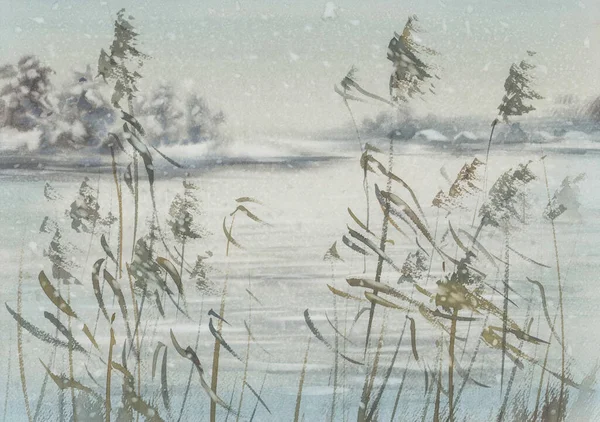 De eerste sneeuw bij het meer aquarel achtergrond — Stockfoto