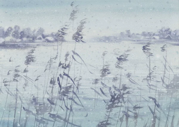 De eerste sneeuw bij het meer aquarel achtergrond — Stockfoto