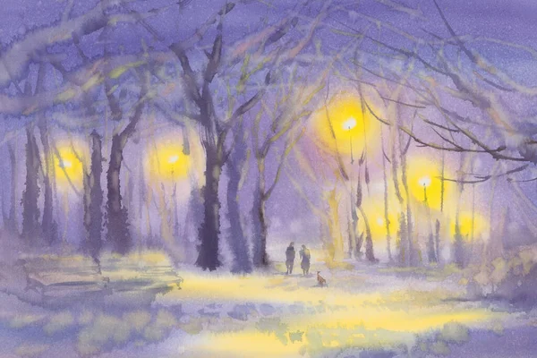 Inverno no parque com luzes e pessoas — Fotografia de Stock