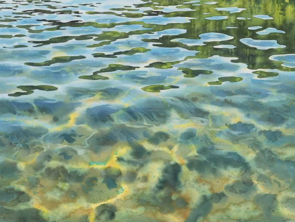 Blue lagoon water ripples with reflections watercolor background — 스톡 사진