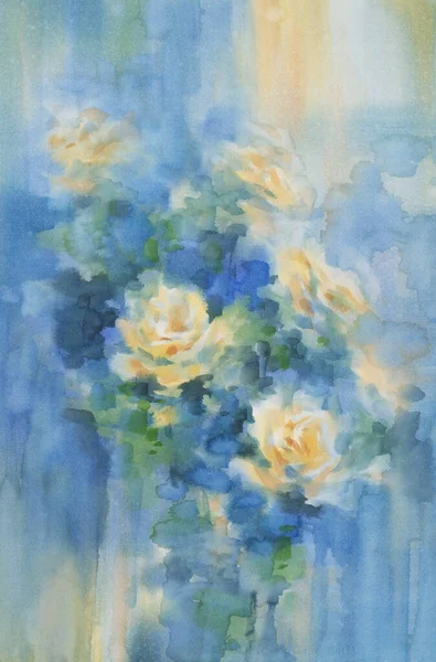 Lichtgele rozen in blauwe aquarelachtergrond — Stockfoto