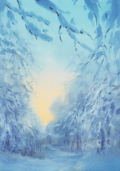 Arbres forestiers dans fond bleu aquarelle crépusculaire — Photo