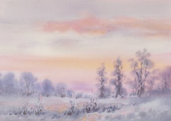 Abendlandschaft im Winter rosa Aquarell Hintergrund — Stockfoto