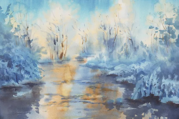 Geada de inverno pela paisagem aquarela do rio — Fotografia de Stock