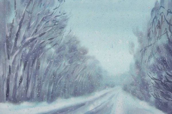 Lesní stromy v modrém soumraku sněhová bouře akvarel pozadí — Stock fotografie
