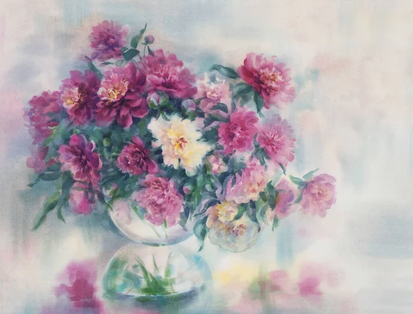 花瓶にピンクの牡丹の花束｜水彩の背景 — ストック写真