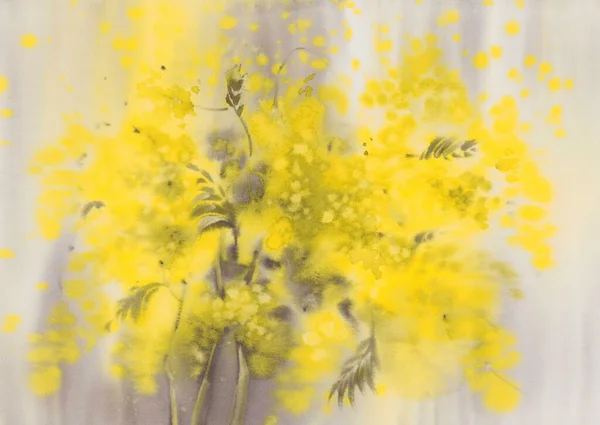 Квітка мімози на жовтому фоні акварель — стокове фото