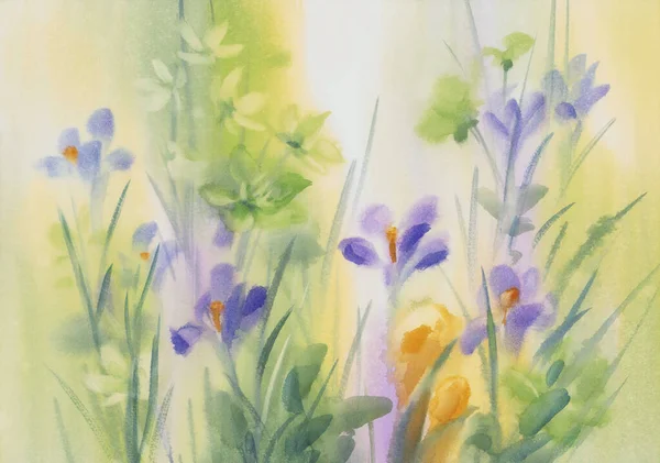 Violet and green spring flowers watercolor background — Stock Photo, Image