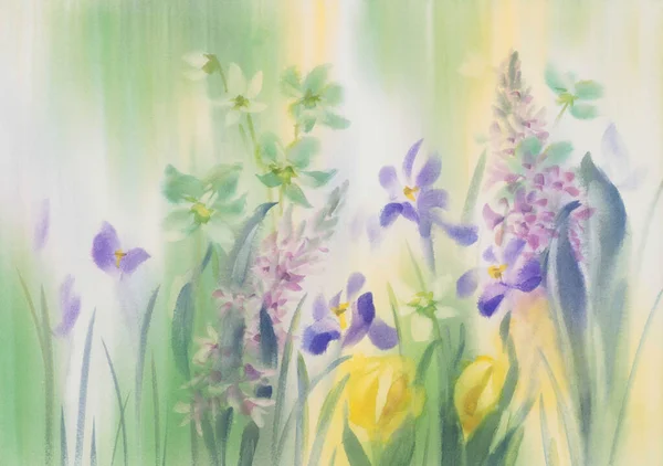 バイオレットと緑の春の花水彩背景 — ストック写真