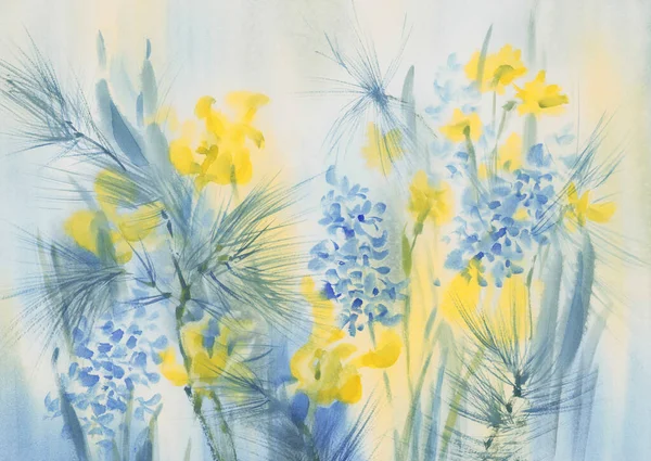 Blå och gul fjäder blommor akvarell bakgrund — Stockfoto