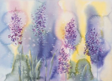 Renkli sümbül bahar çiçekleri güneşli suluboya arka plan