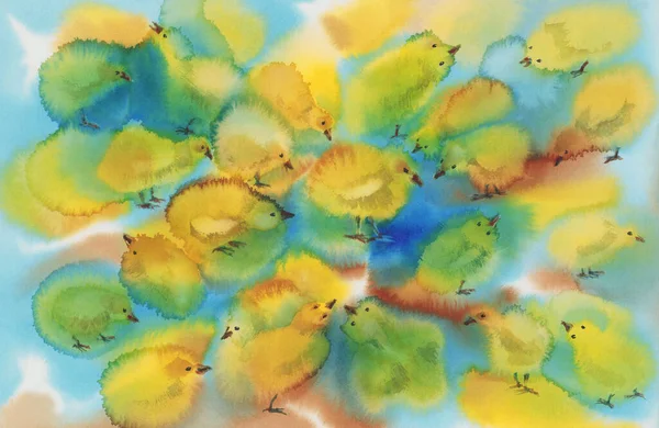 Mavi suluboya arka planda sarı tavuklar — Stok fotoğraf