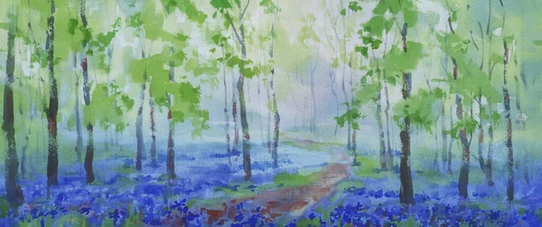 Flores azules en el bosque brumoso acuarela paisaje —  Fotos de Stock