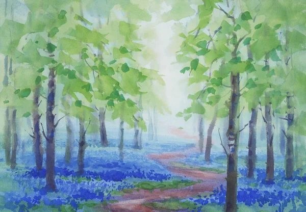 Blue flowers in the misty forest watercolor landscape — Stock Photo, Image