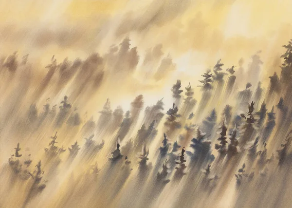 山の朝の光水彩画の風景 — ストック写真