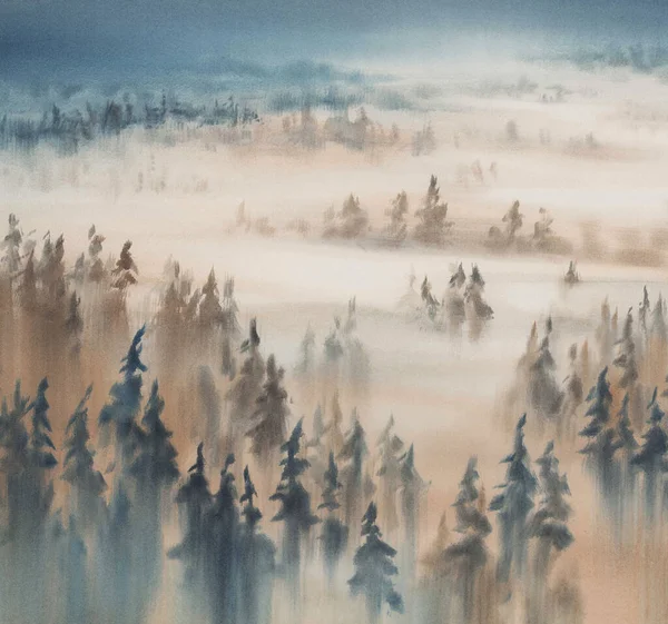 Ochtend licht in de bergen aquarel landschap — Stockfoto