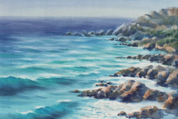 Blue lagoon seascape with stones and rocks watercolor background — 스톡 사진