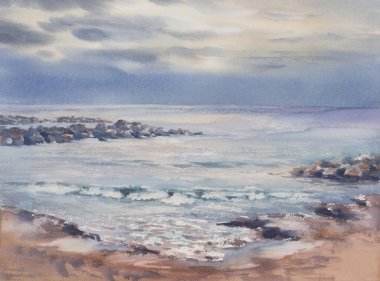 Sea coast with stones and rocks watercolor background