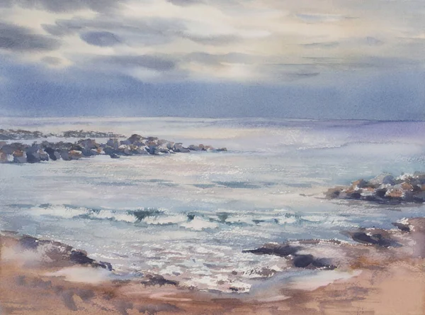 Морское побережье с камнями и камнями акварельный фон — стоковое фото