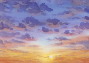 Evening sky with dark clouds watercolor background