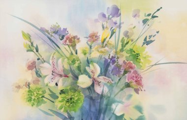 Bir buket pastel renkli çiçek suluboya arka plan