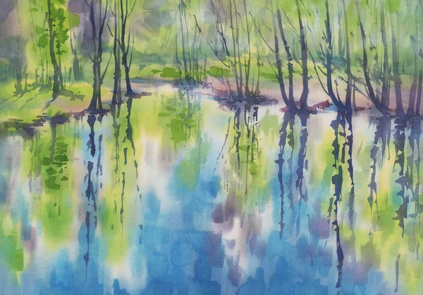 Early spring forest and reflections in water watercolor landscape — Zdjęcie stockowe