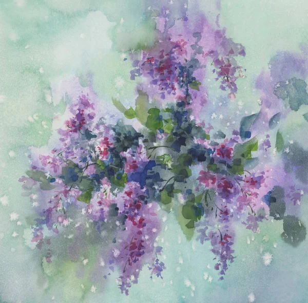 Фиолетовый Лиловый Цветок Ветви Листьями Акварельный Фон Весенний Цветок — стоковое фото