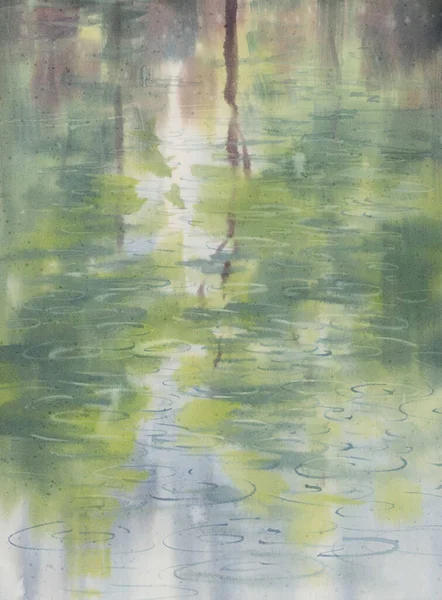 多雨的池塘表面为绿色水彩画背景 夏季雨图 — 图库照片