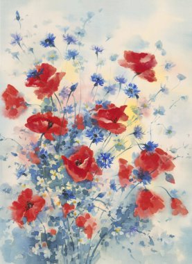 Red poppies and cornflowers in a bouquet watercolor background. Summer illustration