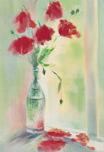 Red Poppies Vase Green Summer Watercolor Background Summer Illustration — 图库照片