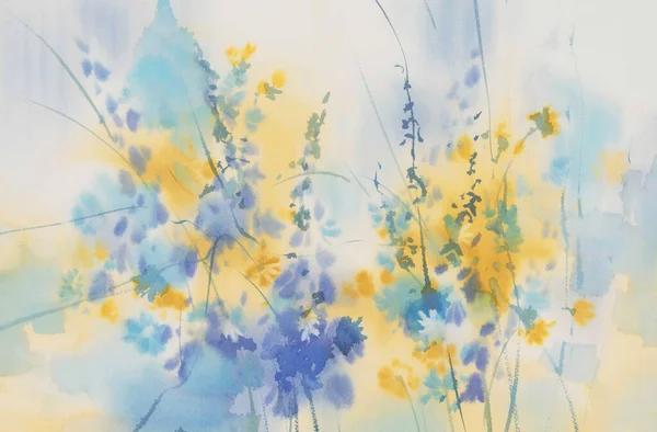 Blue Yellow Meadow Flowers Watercolor Background Birthday Card Imagen de stock