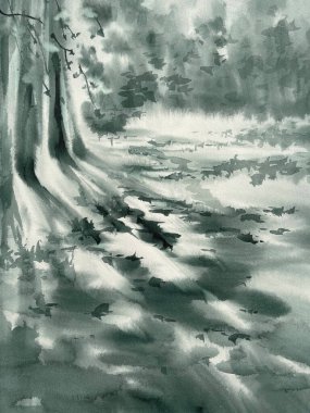 Orman yolu güneş ışığı gölgesi suluboya arka plan. Bir renk yaz illüstrasyonu